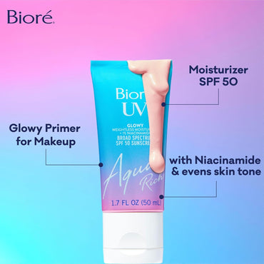 Bioré UV Aqua Rich Glow Enhancing Moisturizer SPF 50 - 1% Niacinamide Daily Facial Sunscreen, Weightless & Glowy Finish, No White Cast, 1.7 Oz