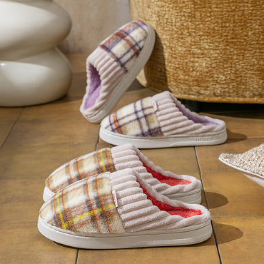 Plaid Plush Slippers Warm Soft Non-slip Bedroom Home Slipper For Couples Women Men House Shoes