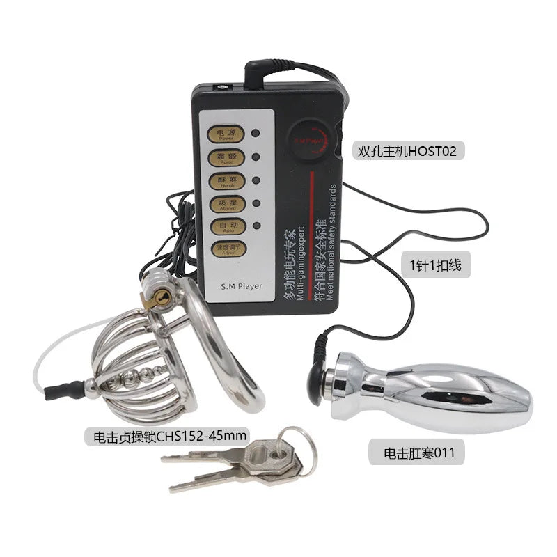 Chastity Lock Electric Shock Pulse Stainless Steel Penis Cage Wearing Out Bondage Anal Plug Adult Chastity Cock cage Chastity
