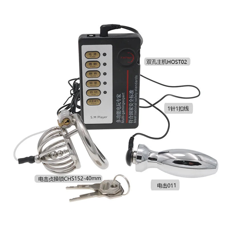 Chastity Lock Electric Shock Pulse Stainless Steel Penis Cage Wearing Out Bondage Anal Plug Adult Chastity Cock cage Chastity