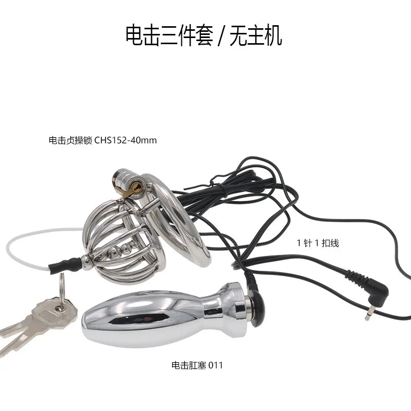 Chastity Lock Electric Shock Pulse Stainless Steel Penis Cage Wearing Out Bondage Anal Plug Adult Chastity Cock cage Chastity
