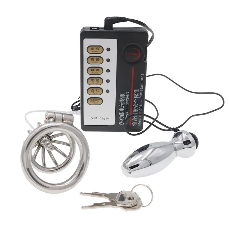 Chastity Lock Electric Shock Pulse Stainless Steel Penis Cage Wearing Out Bondage Anal Plug Adult Chastity Cock cage Chastity