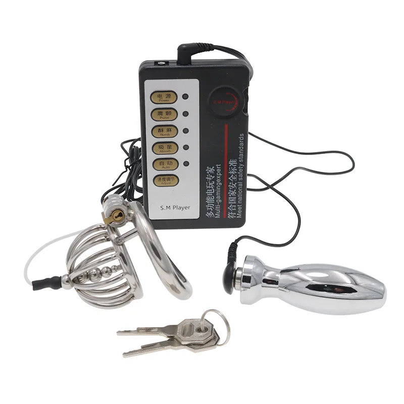 Chastity Lock Electric Shock Pulse Stainless Steel Penis Cage Wearing Out Bondage Anal Plug Adult Chastity Cock cage Chastity