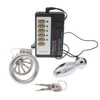 Chastity Lock Electric Shock Pulse Stainless Steel Penis Cage Wearing Out Bondage Anal Plug Adult Chastity Cock cage Chastity